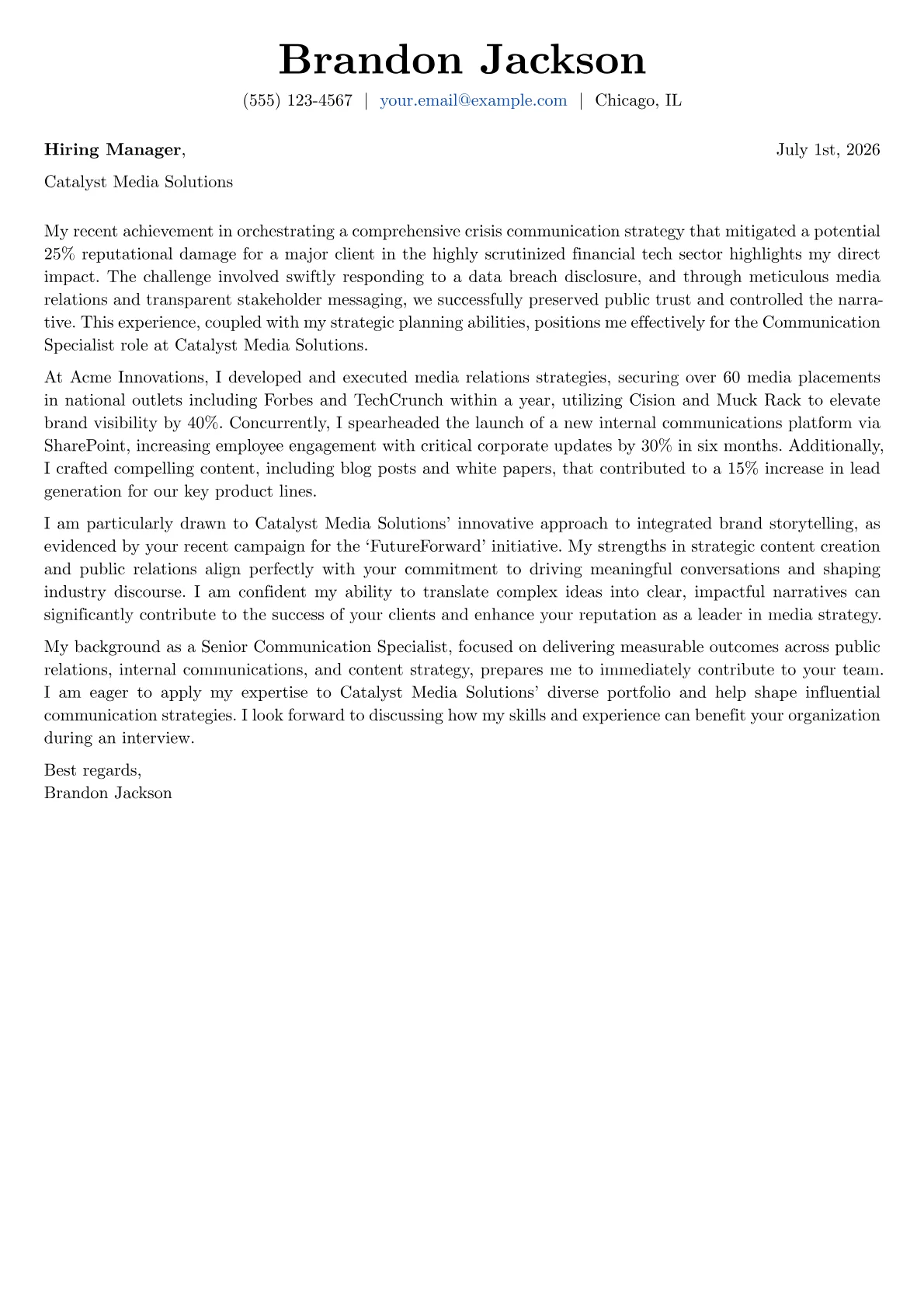 Communication Specialist cover letter formatted with a JobSprout template