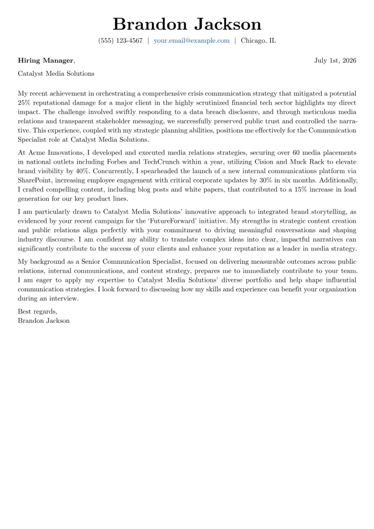 Communication Specialist cover letter example