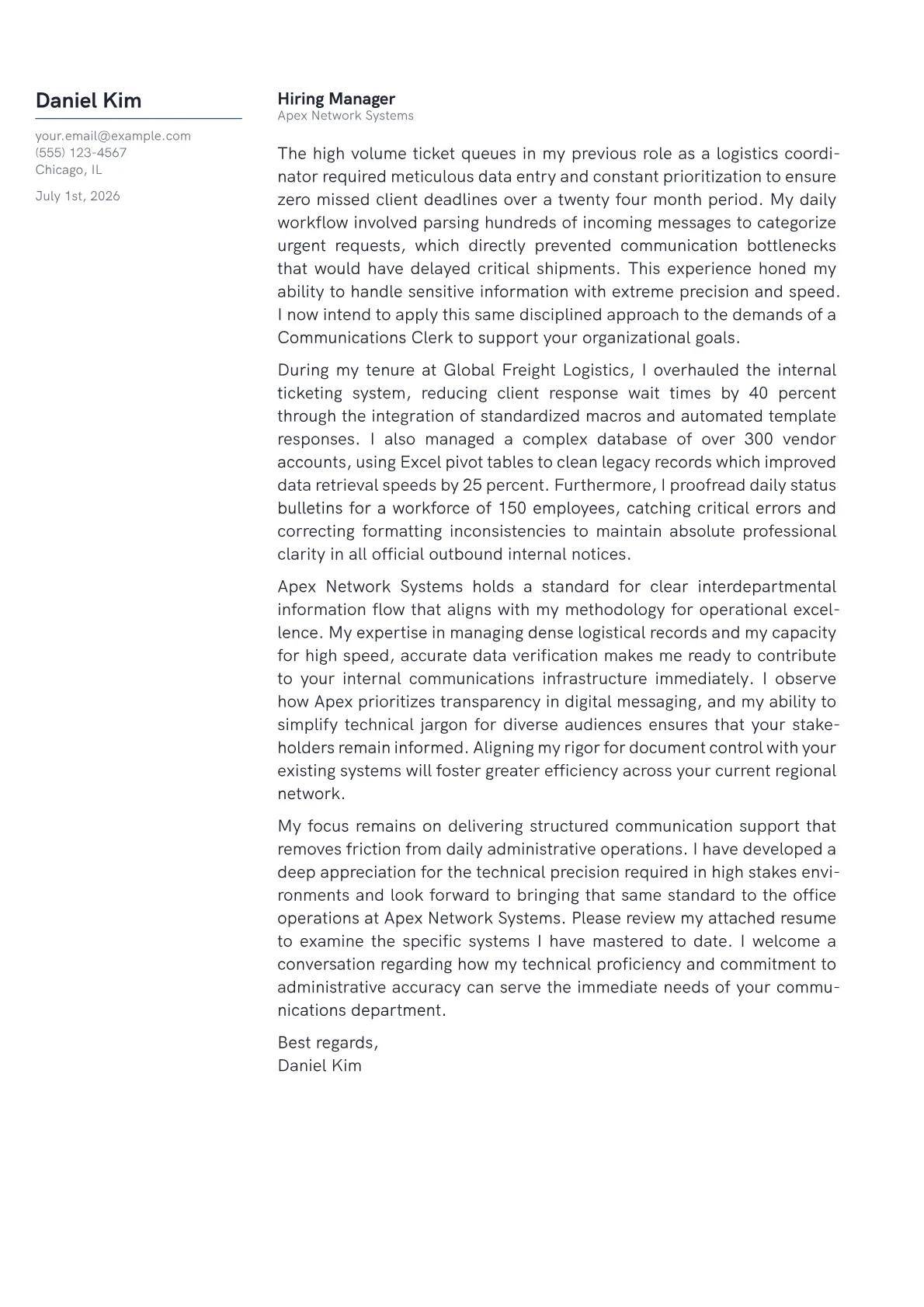 Communications Clerk cover letter in the Margin design