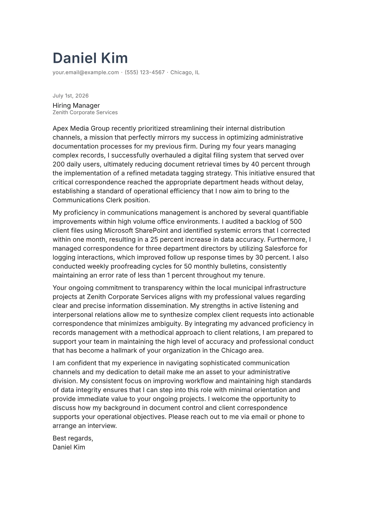 Communications Clerk cover letter in the Minimal design