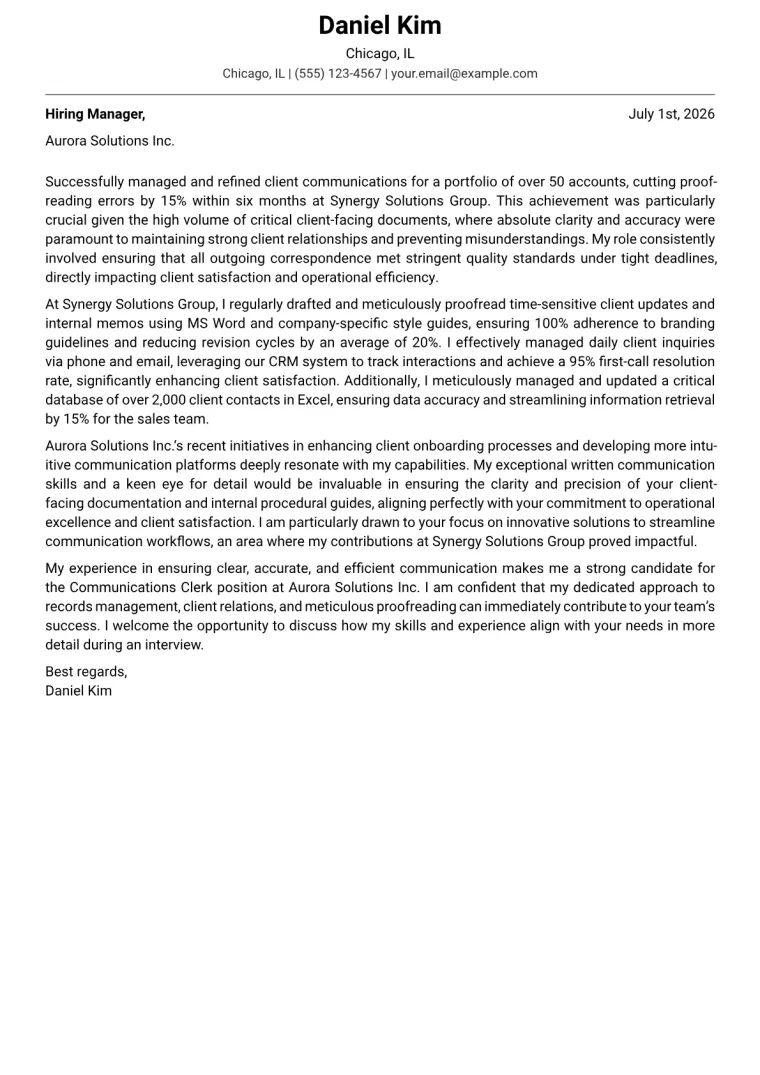 Communications Clerk cover letter example