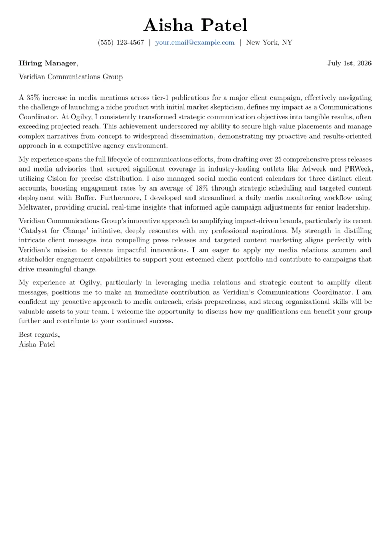 Communications Coordinator Cover Letter Example