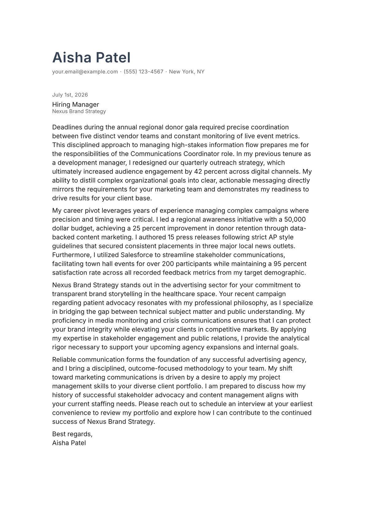 Communications Coordinator cover letter in the Minimal design