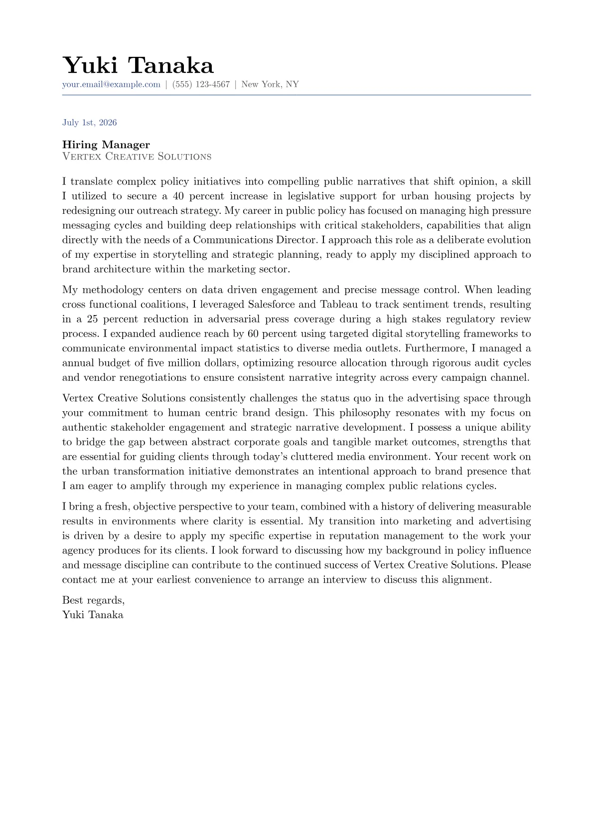 Communications Director cover letter in the Classic design