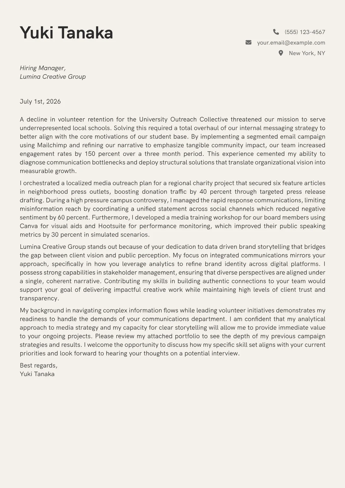 Communications Director cover letter in the Creative design