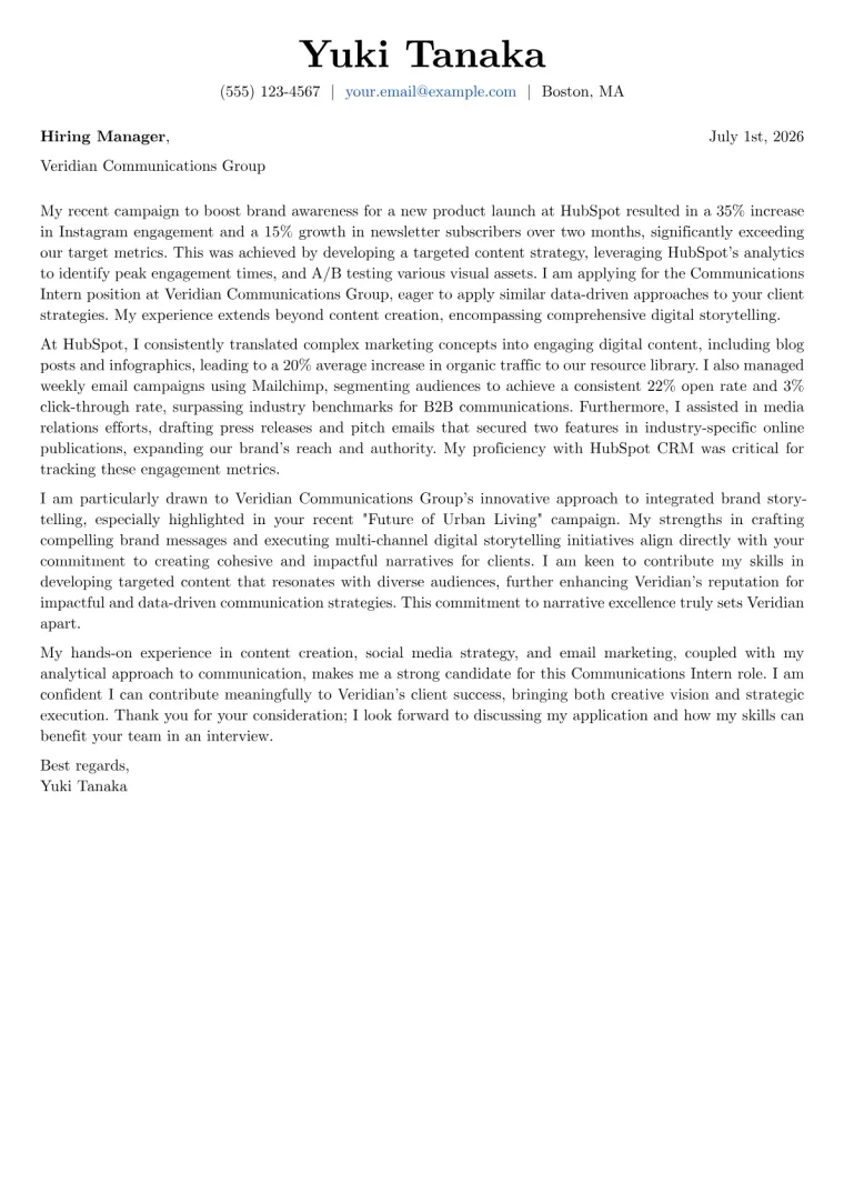 Communications Intern Cover Letter Example