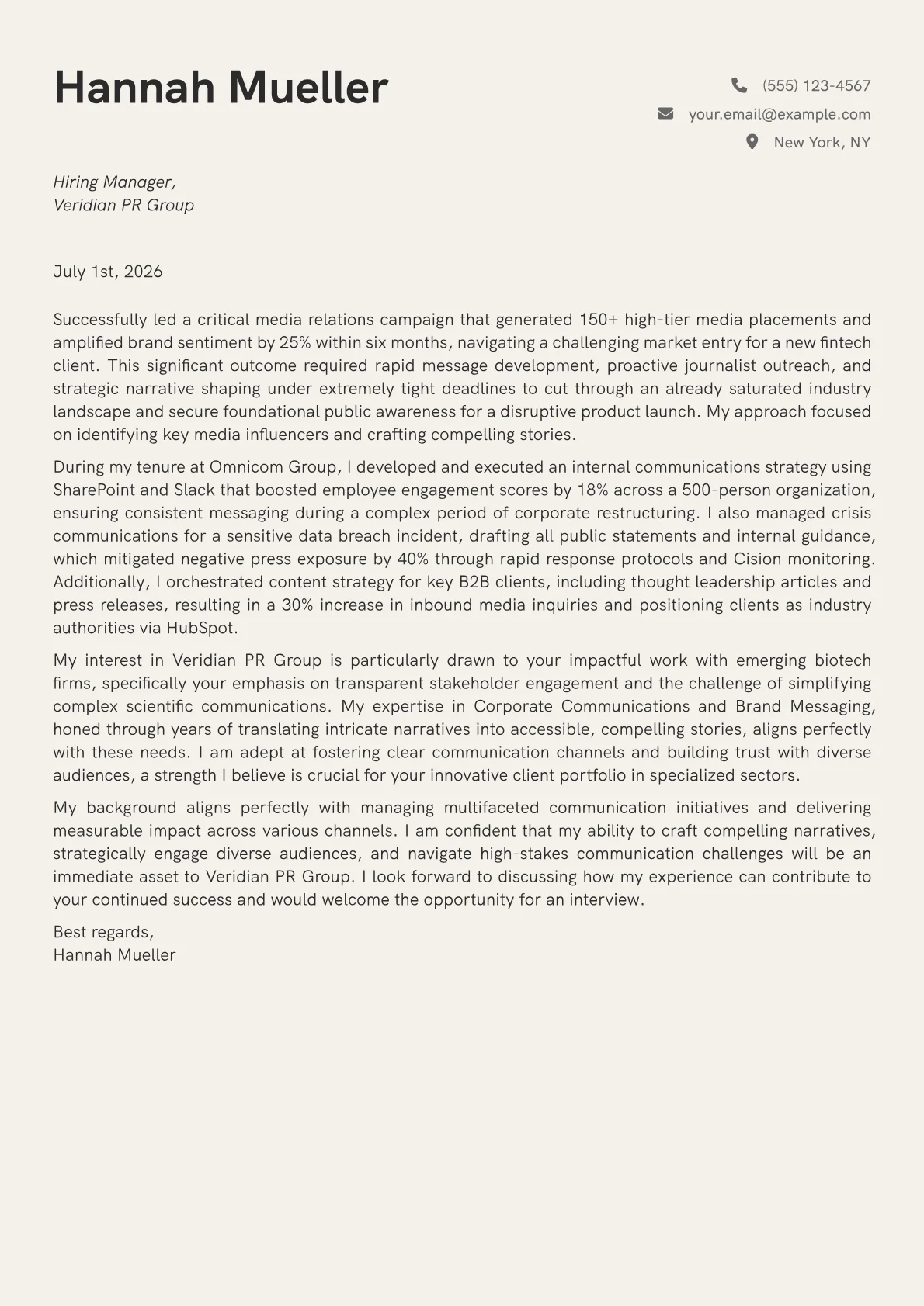 Communications Manager cover letter formatted with a JobSprout template