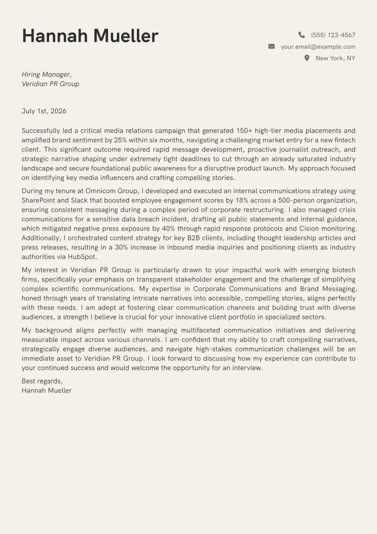 Communications Manager Cover Letter Example