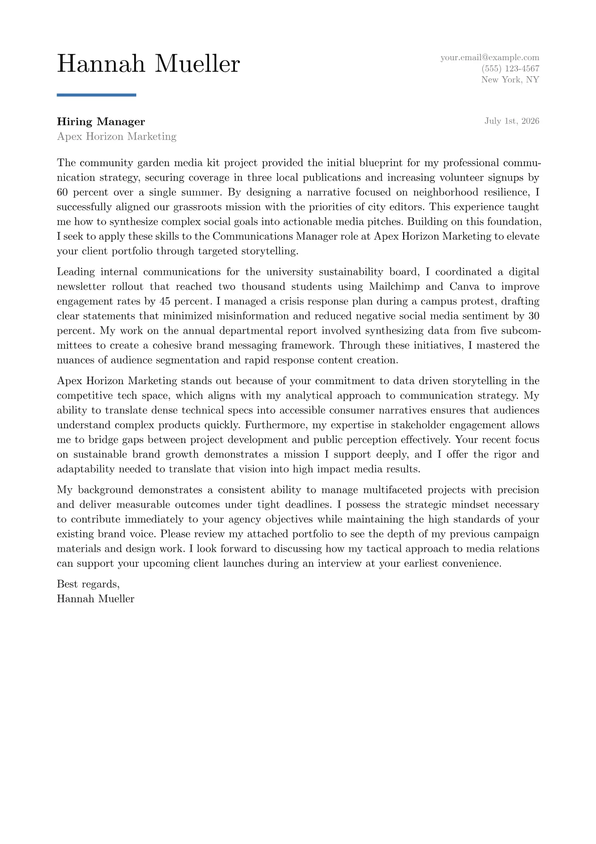 Communications Manager cover letter in the Executive design