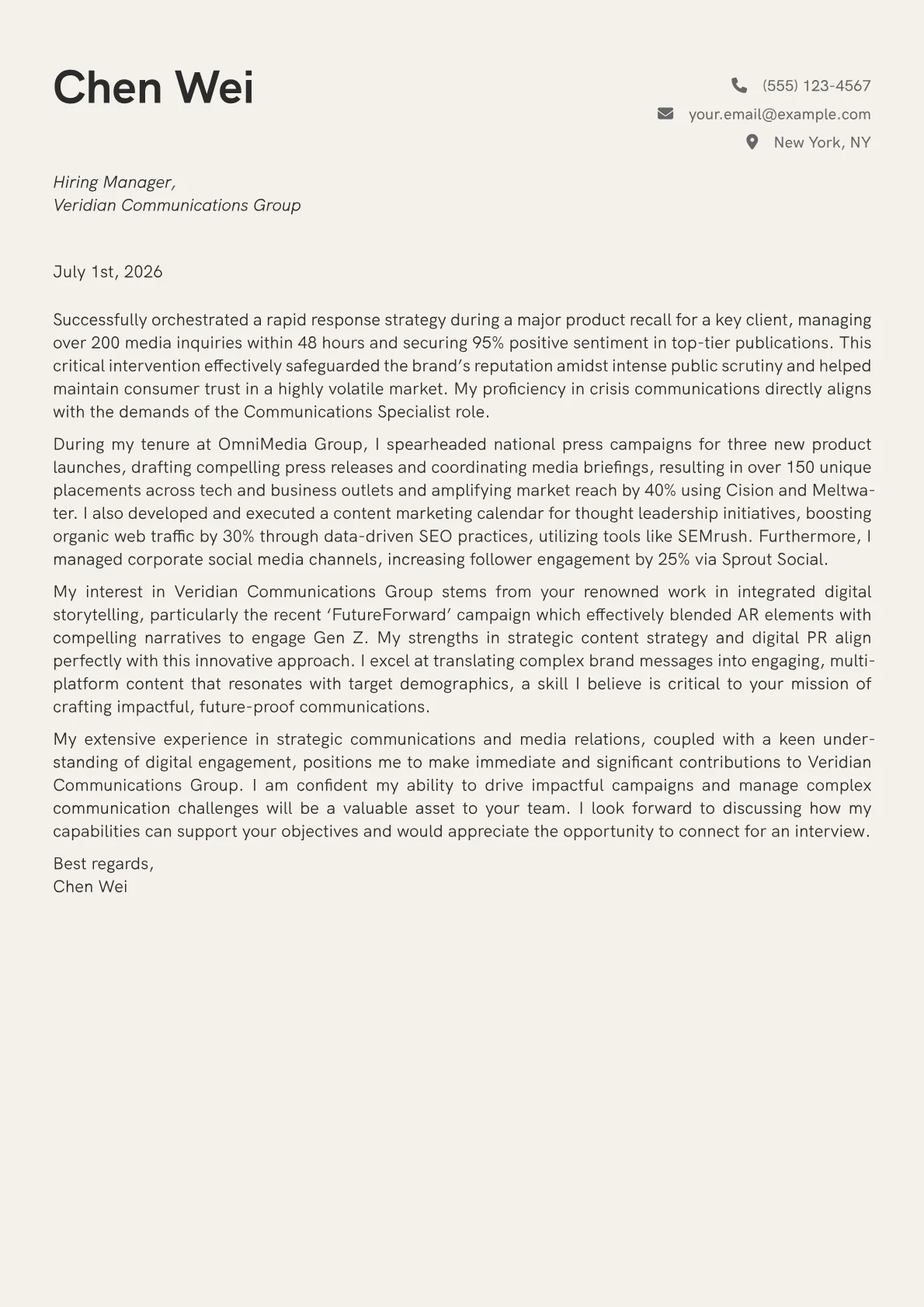 Communications Specialist cover letter formatted with a JobSprout template