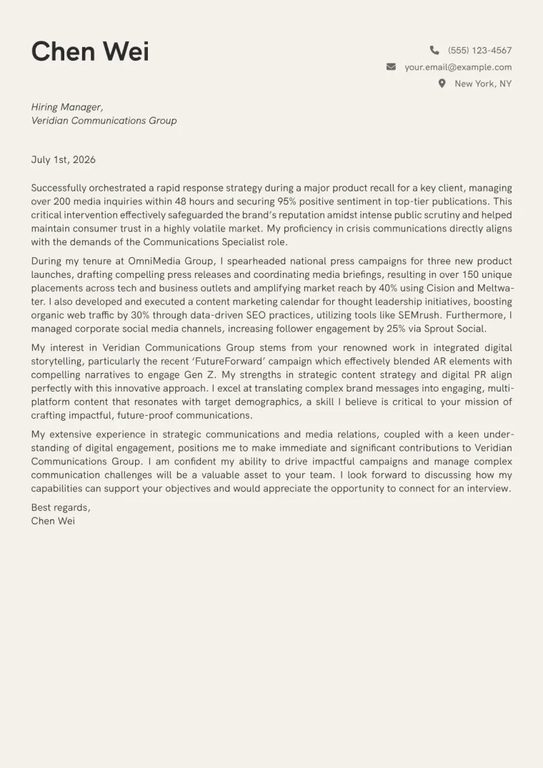 Communications Specialist cover letter example preview