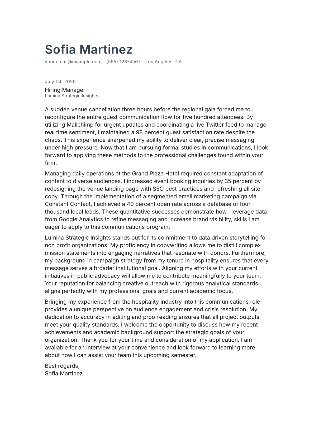 Communications Student cover letter in the Minimal design