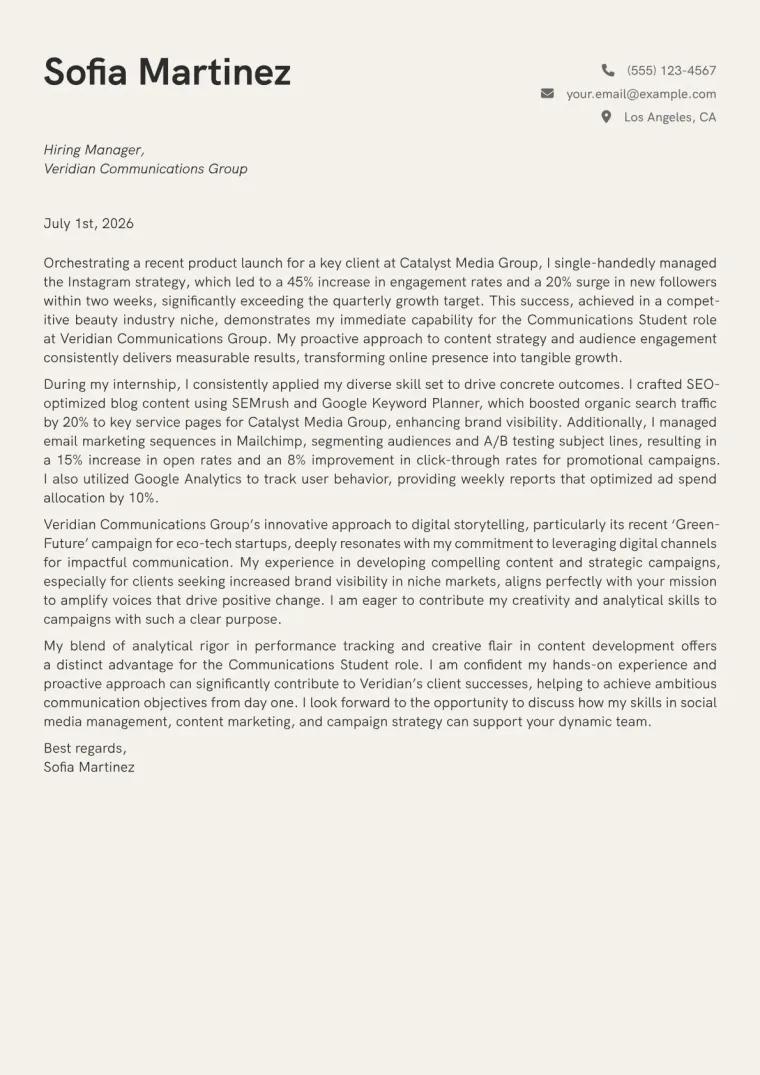 Communications Student cover letter example