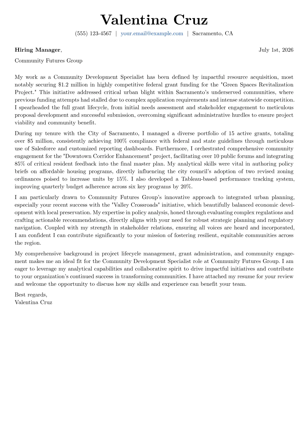 Community Development Specialist cover letter formatted with a JobSprout template