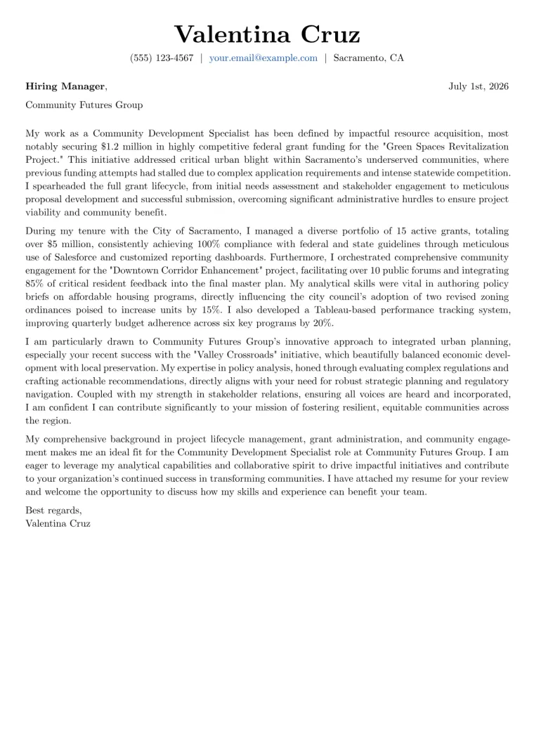 Community Development Specialist cover letter example preview