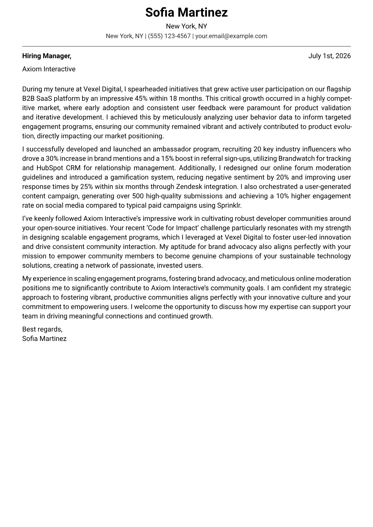 Community Engagement Manager cover letter formatted with a JobSprout template