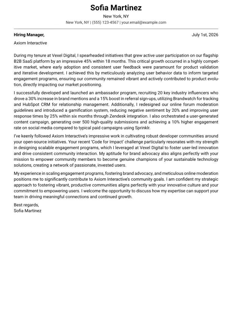 Community Engagement Manager cover letter example preview