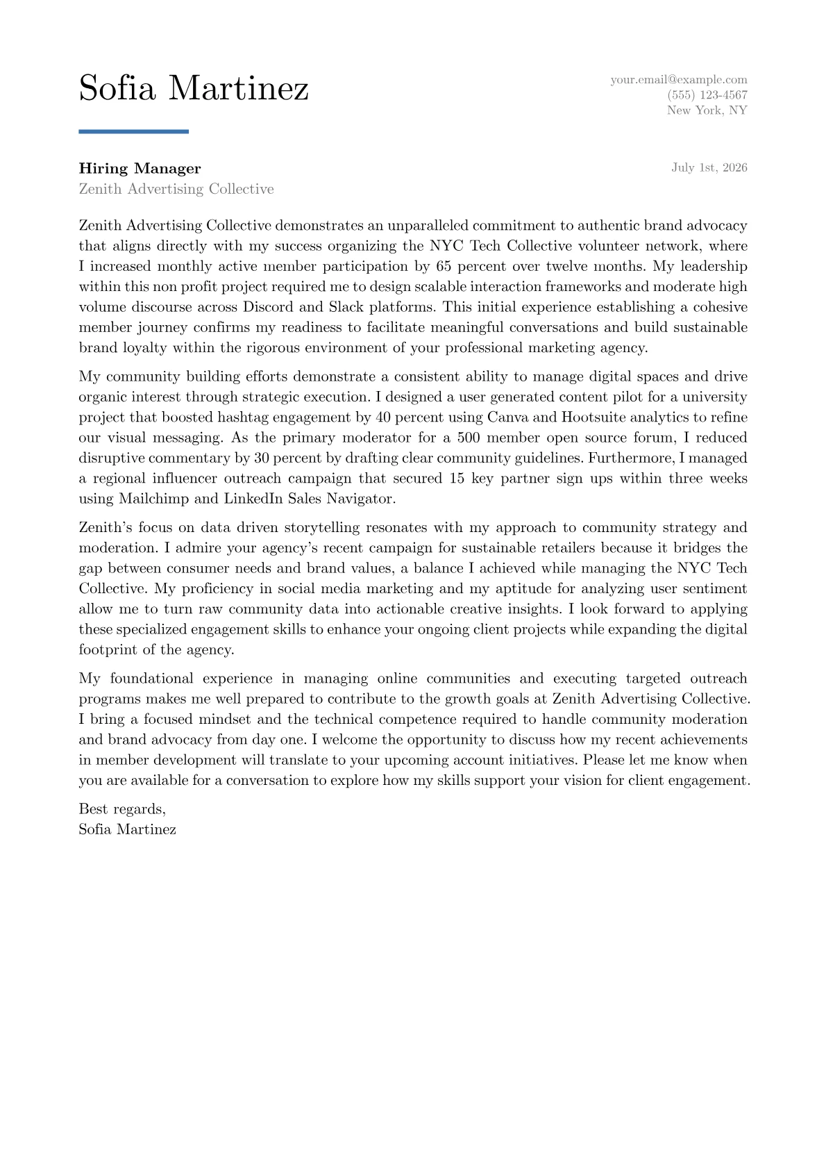Community Engagement Manager cover letter in the Executive design