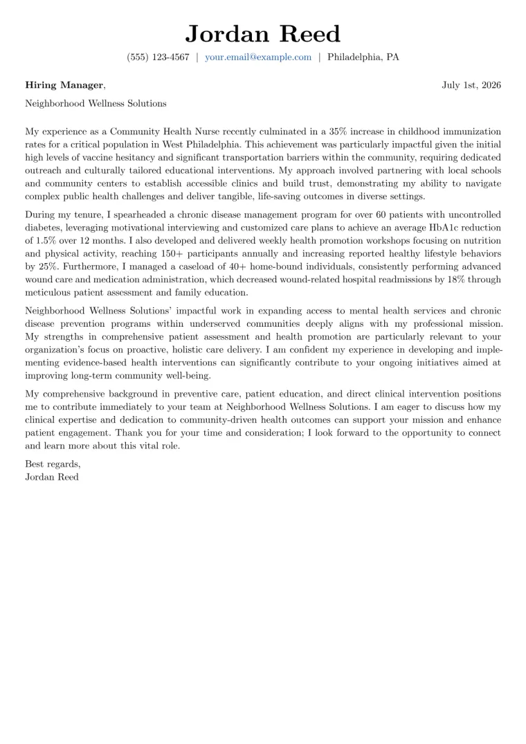 Community Health Nurse Cover Letter Example