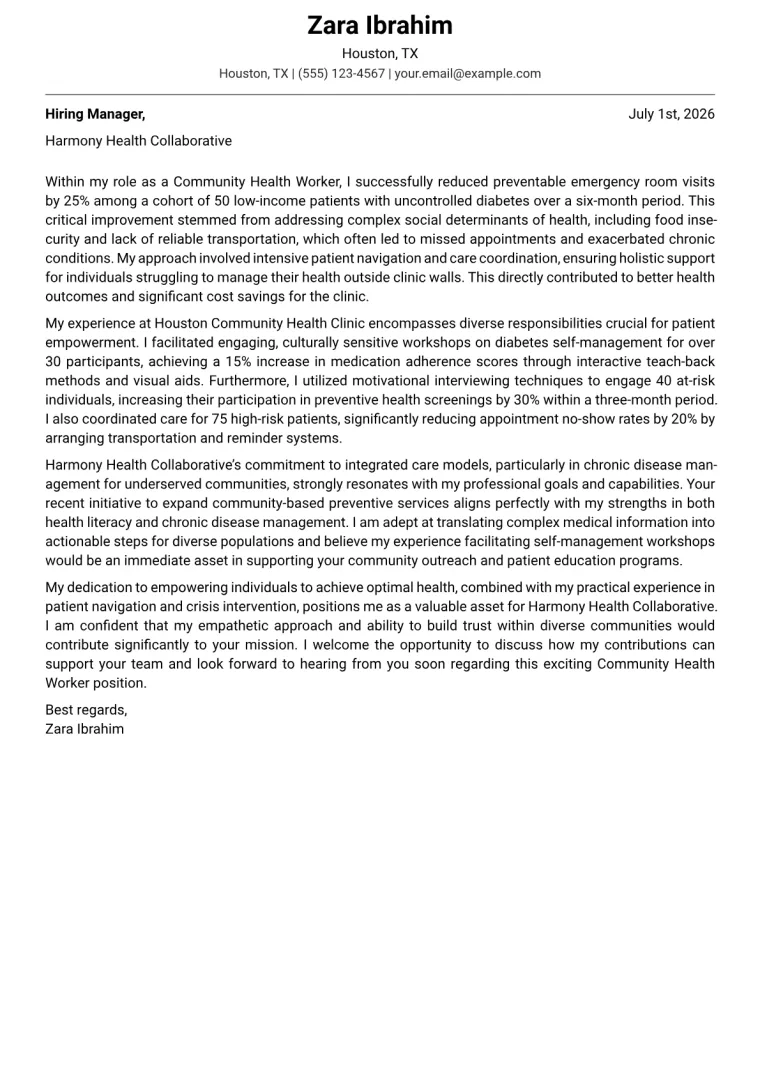Community Health Worker Cover Letter Example