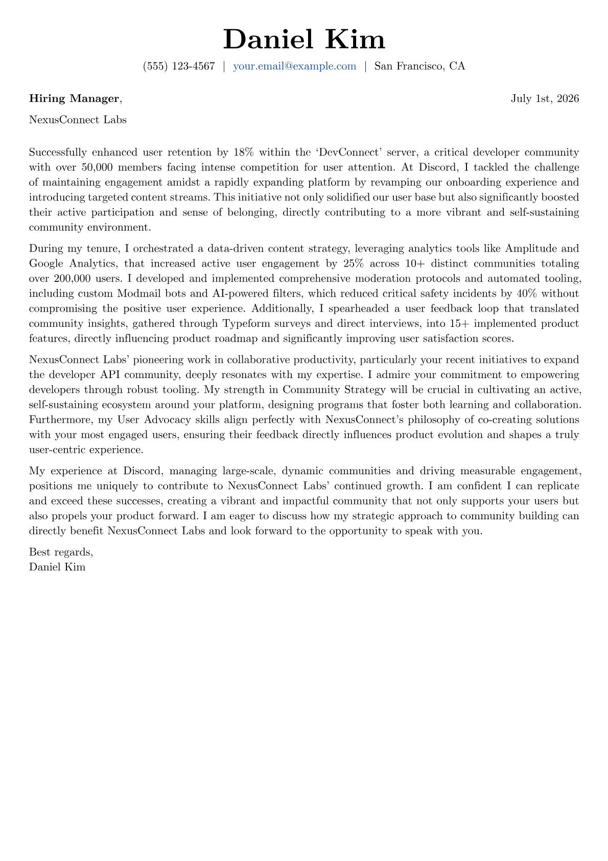 Community Manager cover letter formatted with a JobSprout template