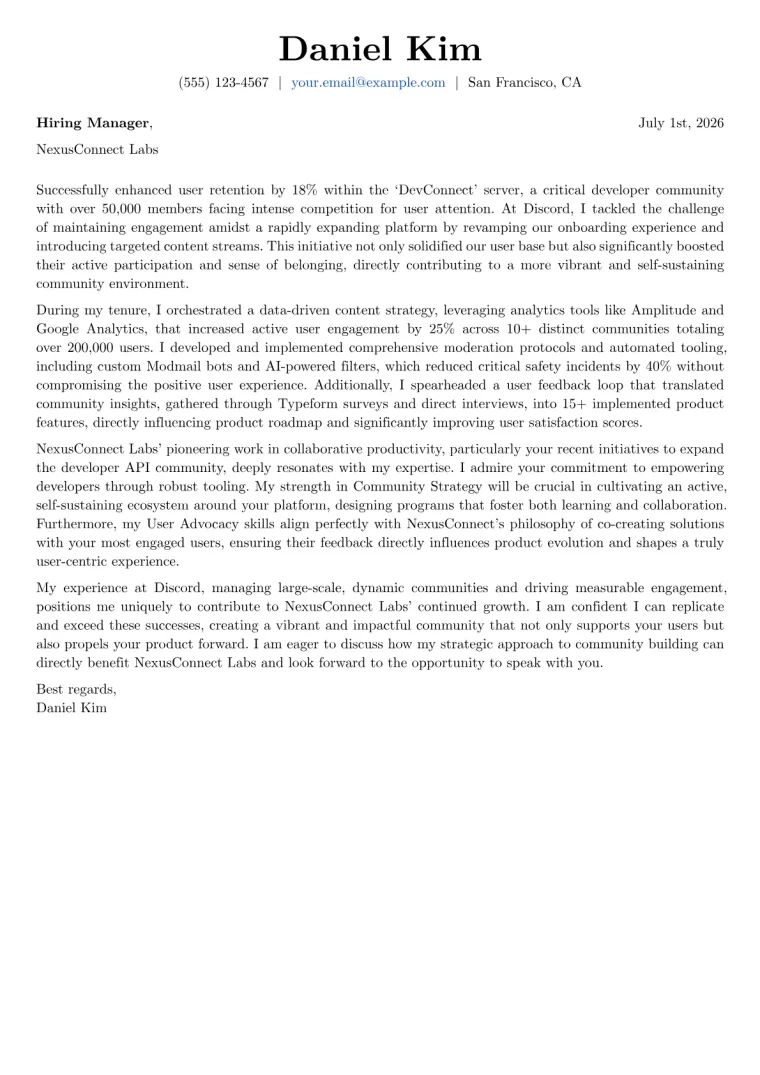 Community Manager cover letter example preview