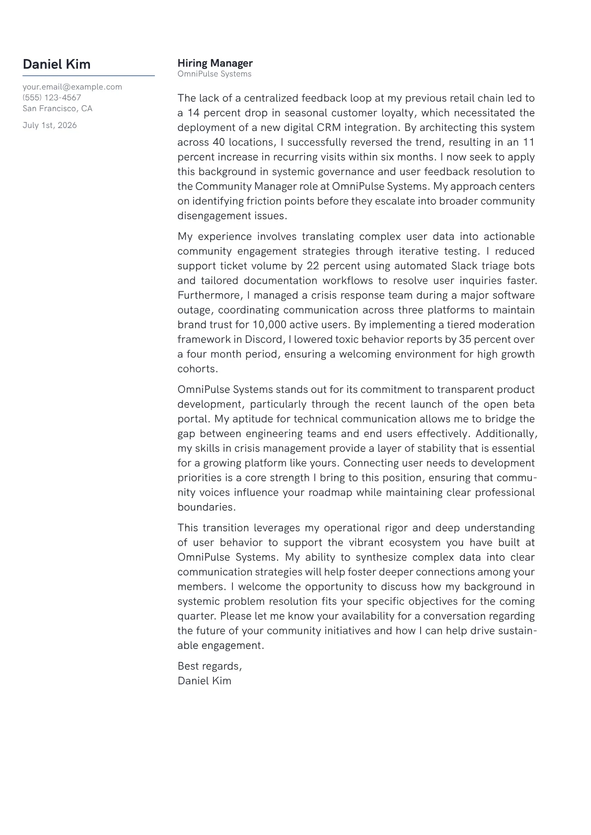 Community Manager cover letter in the Margin design