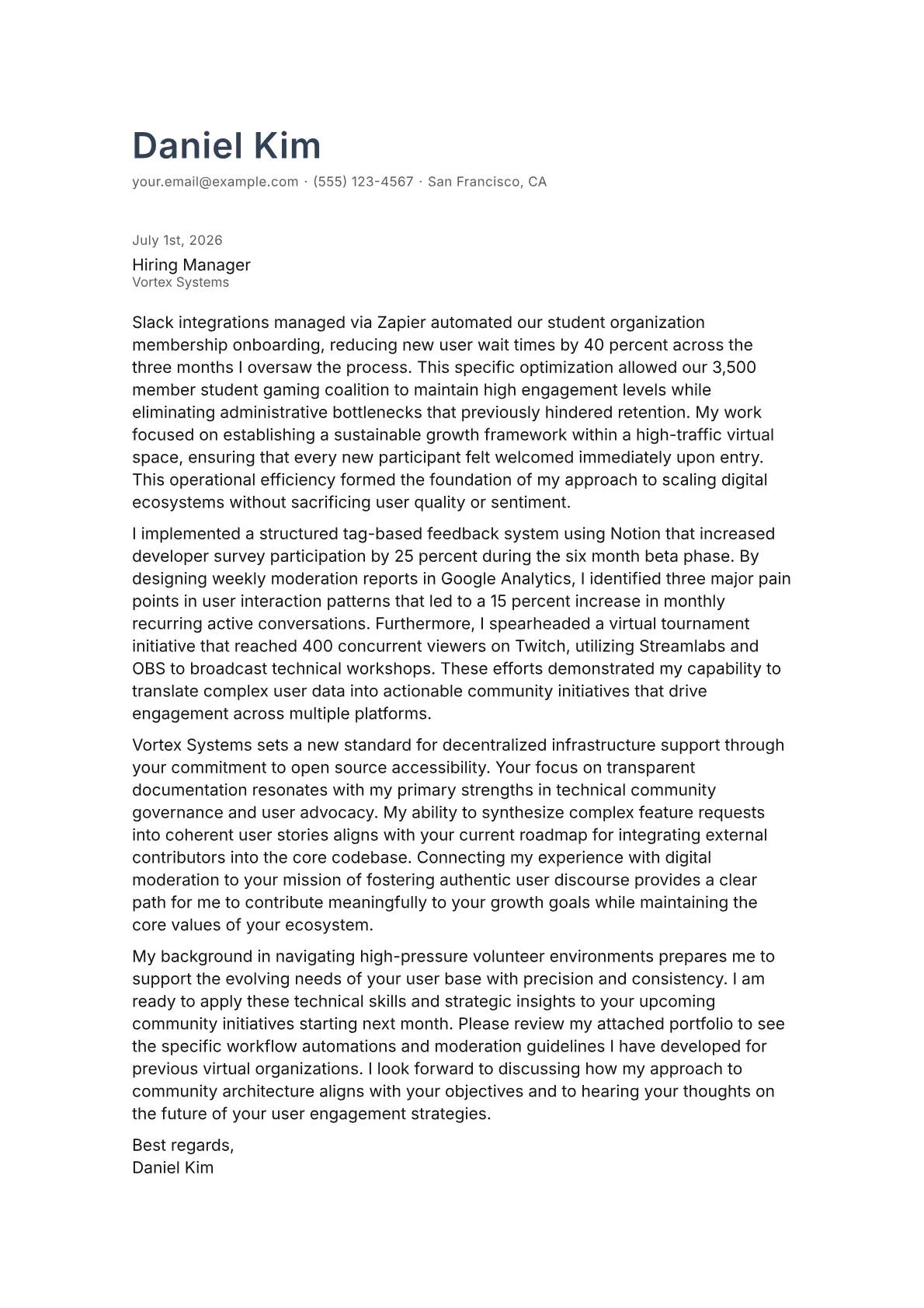 Community Manager cover letter in the Minimal design