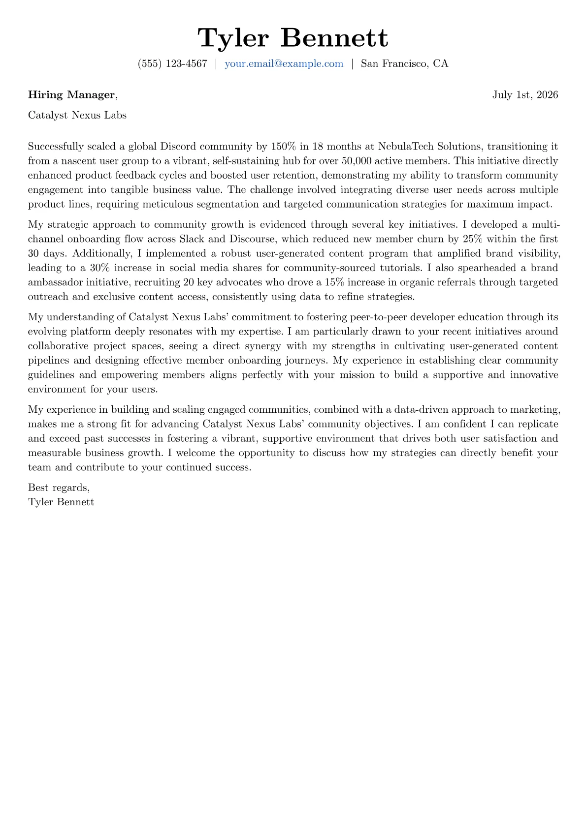 Community Marketing Manager cover letter formatted with a JobSprout template