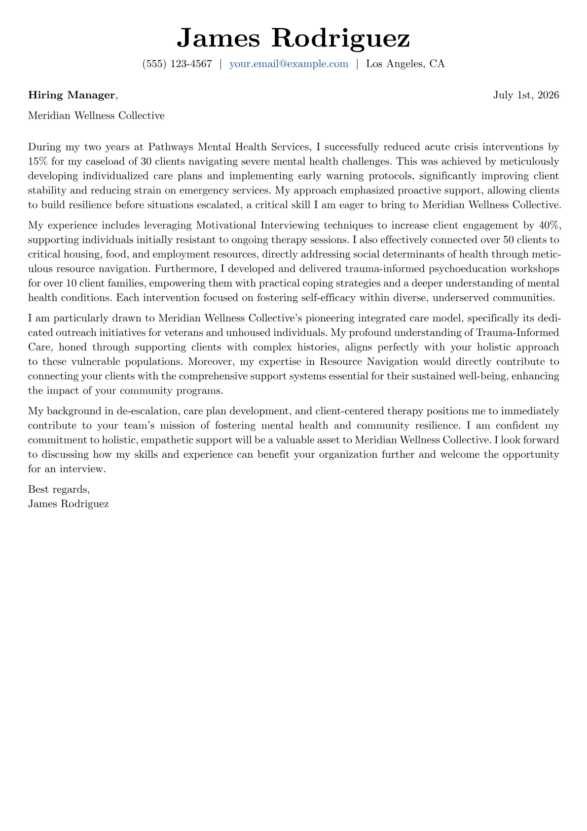 Community Mental Health Worker cover letter formatted with a JobSprout template