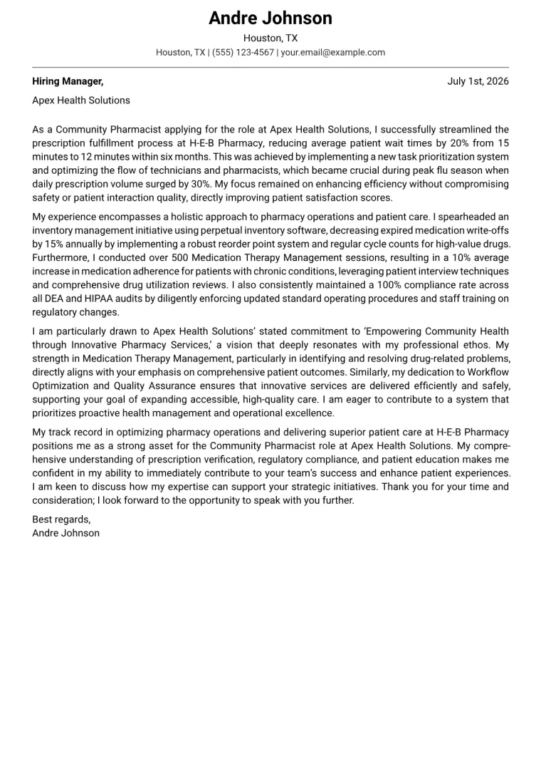 Community Pharmacist cover letter example preview