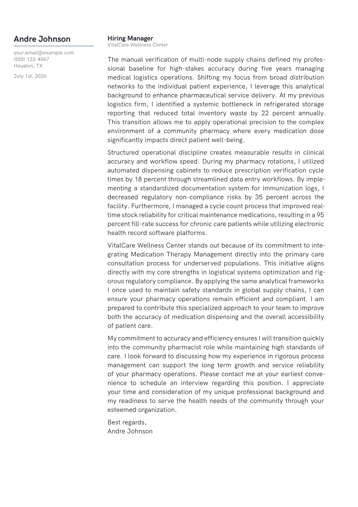 Community Pharmacist cover letter in the Margin design