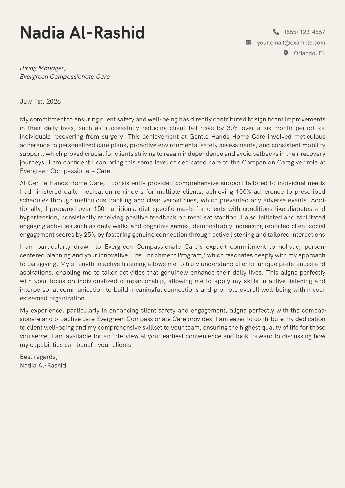 Companion Caregiver cover letter formatted with a JobSprout template