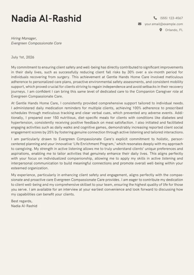 Companion Caregiver cover letter example preview