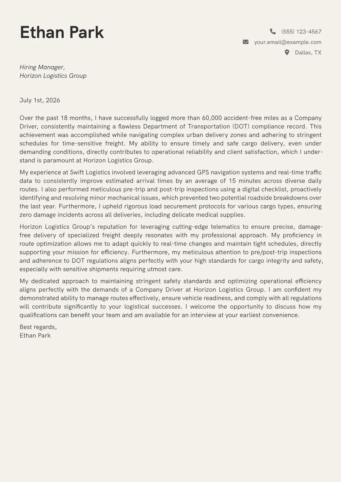 Company Driver cover letter formatted with a JobSprout template