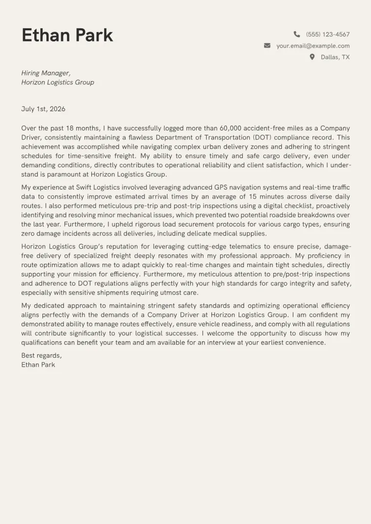 Company Driver Cover Letter Example