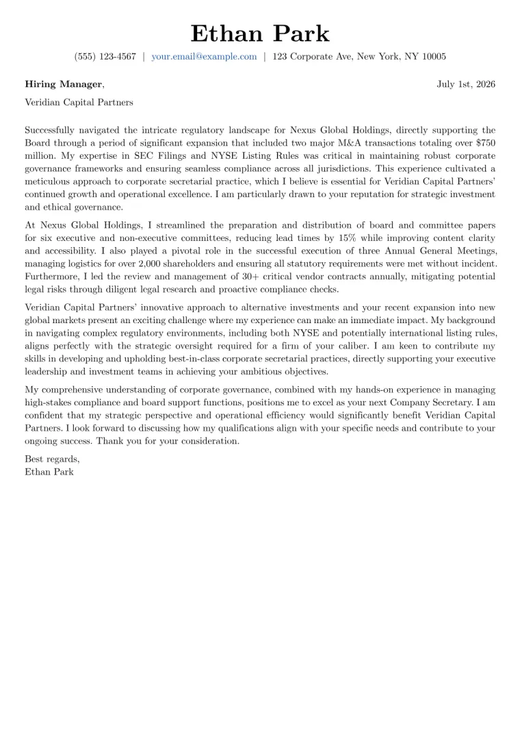 Company Secretary cover letter example preview