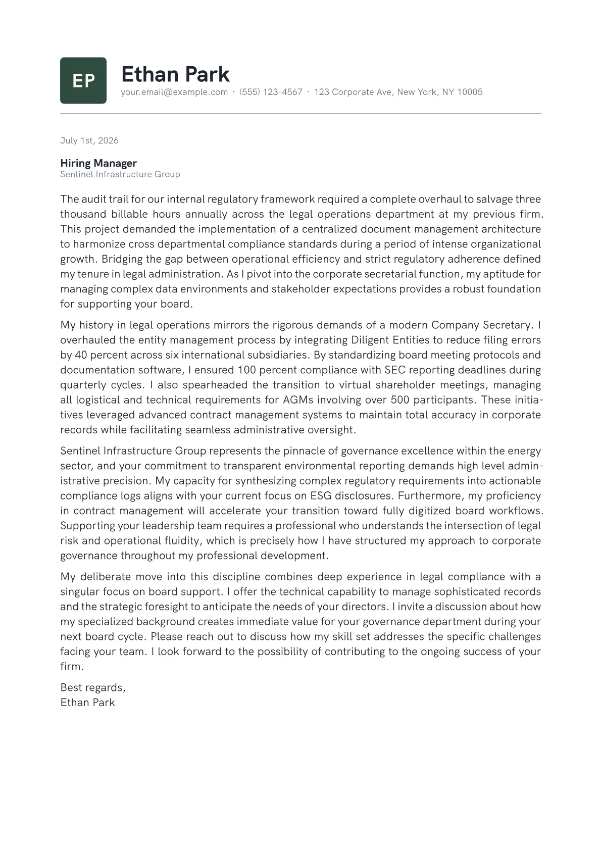 Company Secretary cover letter in the Emblem design