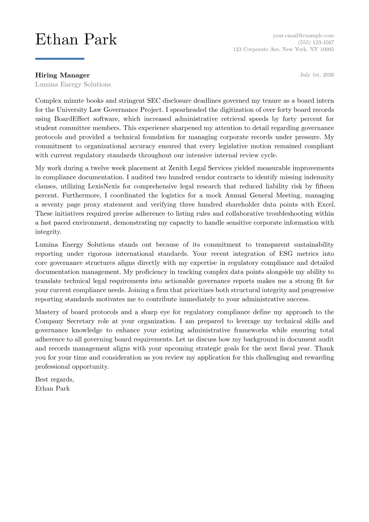 Company Secretary cover letter in the Executive design