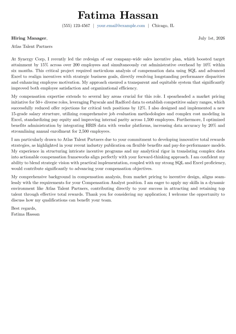 Compensation Analyst Cover Letter Example