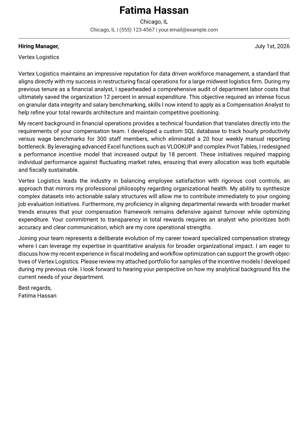 Compensation Analyst cover letter in the Modern design