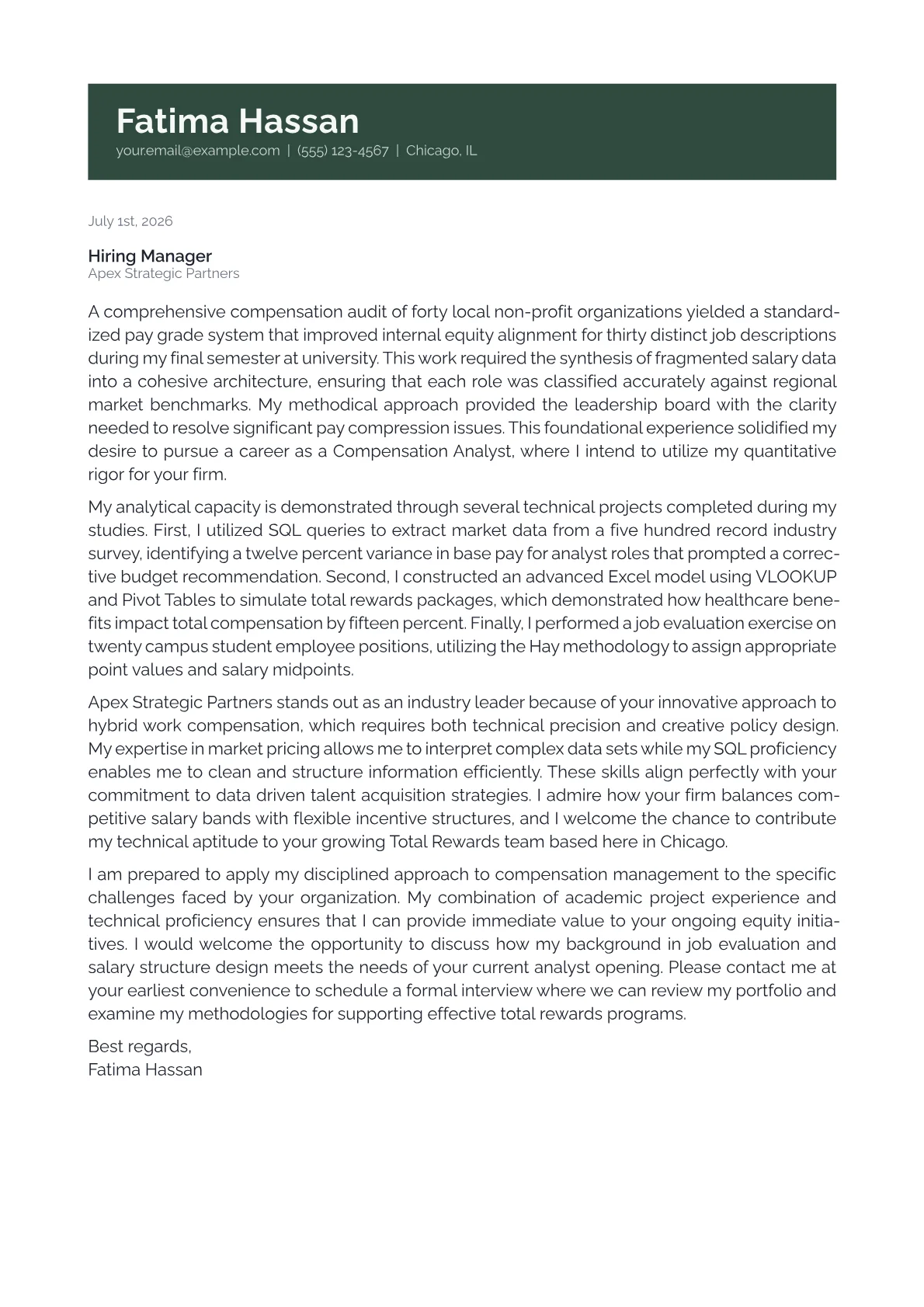 Compensation Analyst cover letter in the Banner design