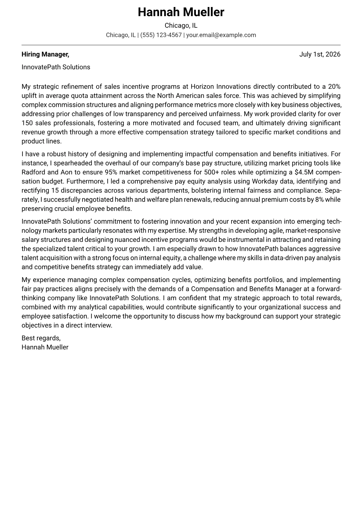 Compensation and Benefits Manager cover letter formatted with a JobSprout template