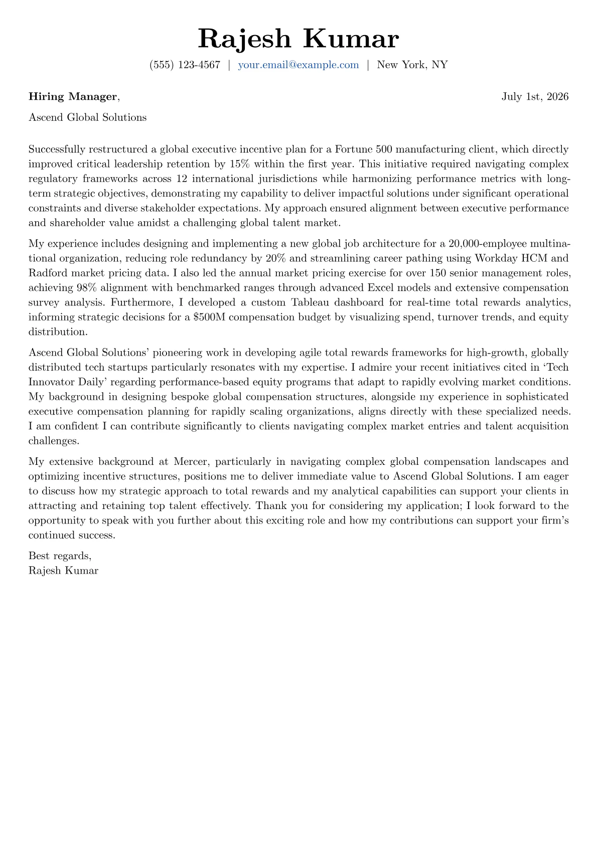 Compensation Consultant cover letter formatted with a JobSprout template