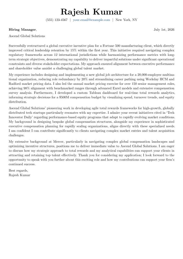Compensation Consultant cover letter example preview