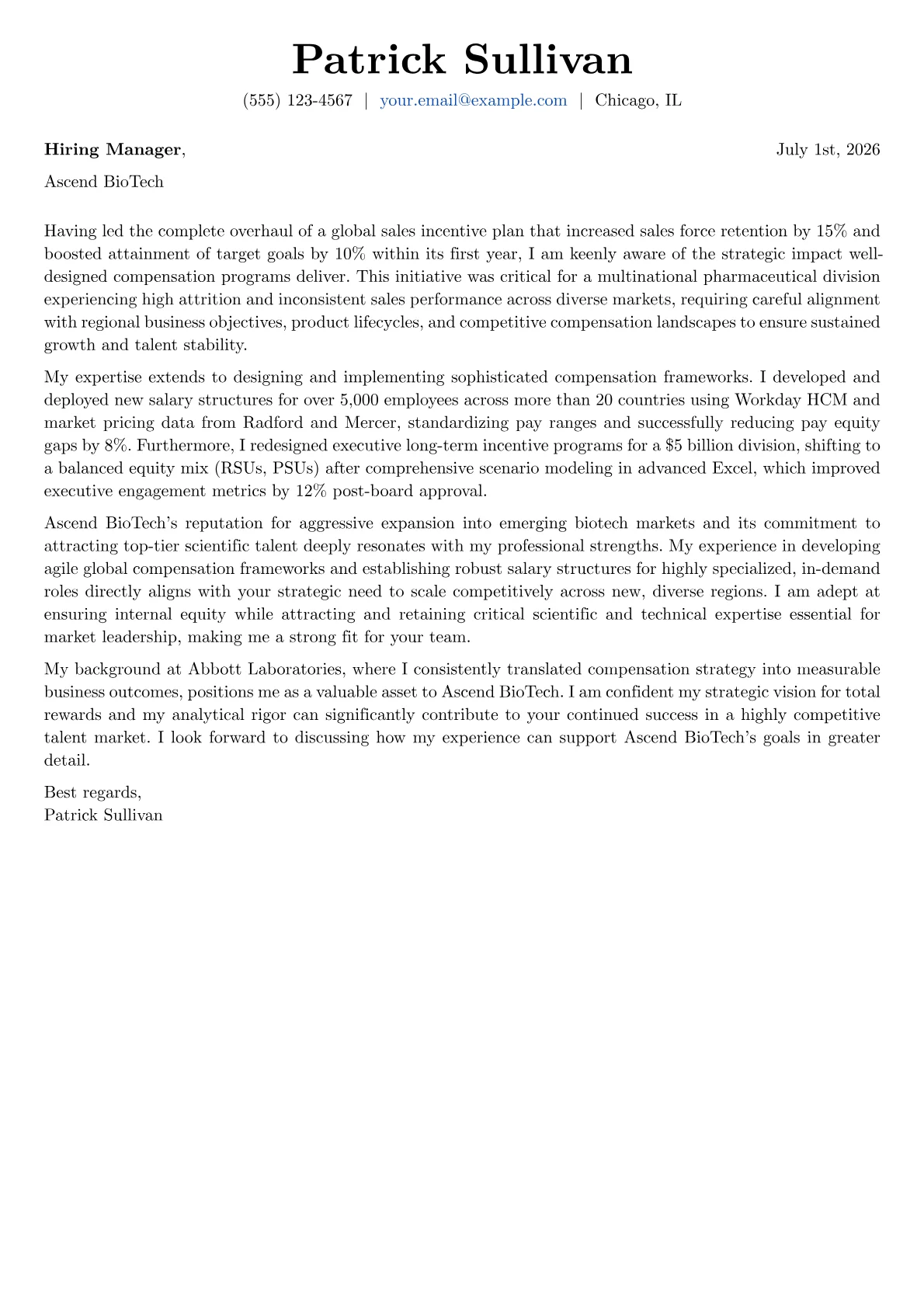 Compensation Manager cover letter formatted with a JobSprout template
