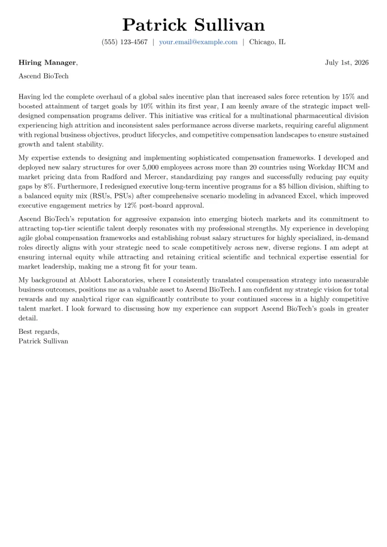 Compensation Manager cover letter example preview