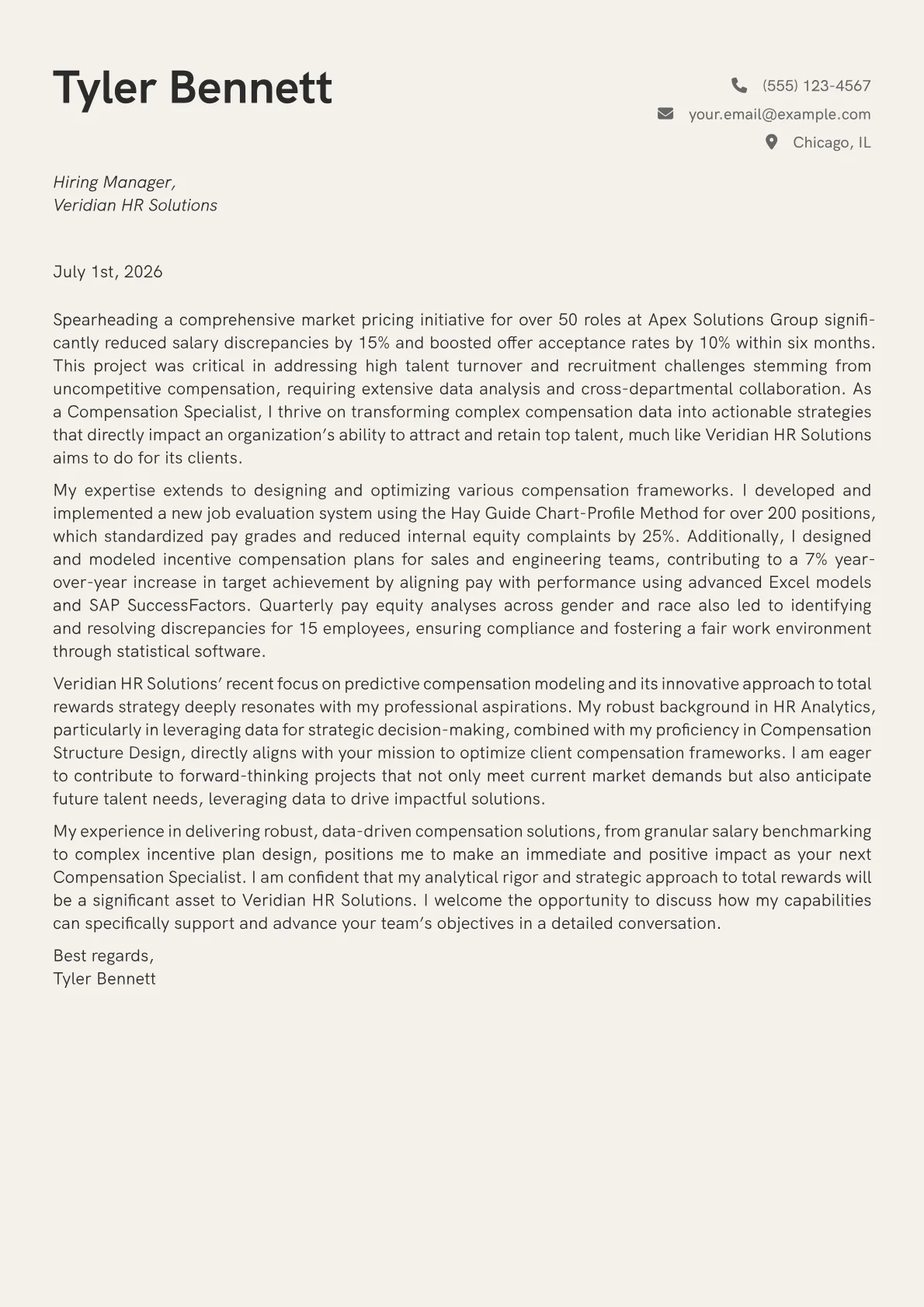 Compensation Specialist cover letter formatted with a JobSprout template
