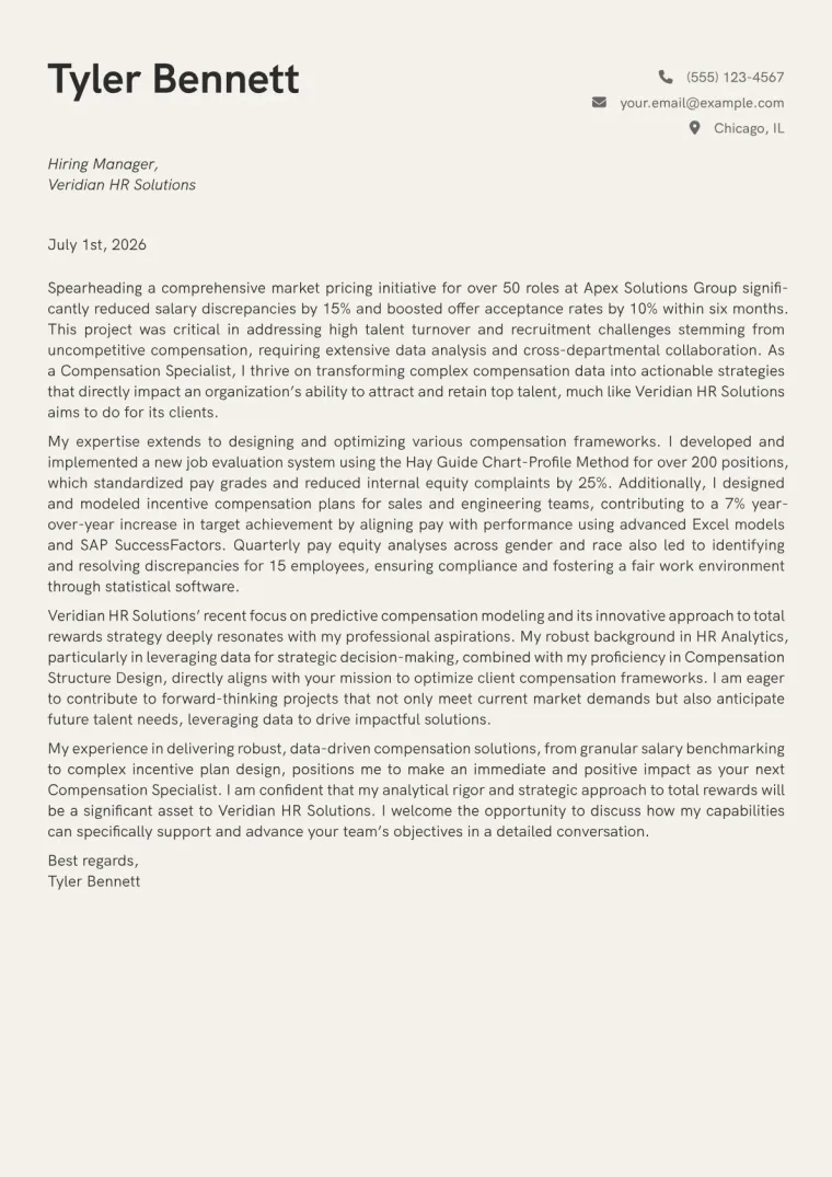 Compensation Specialist cover letter example preview