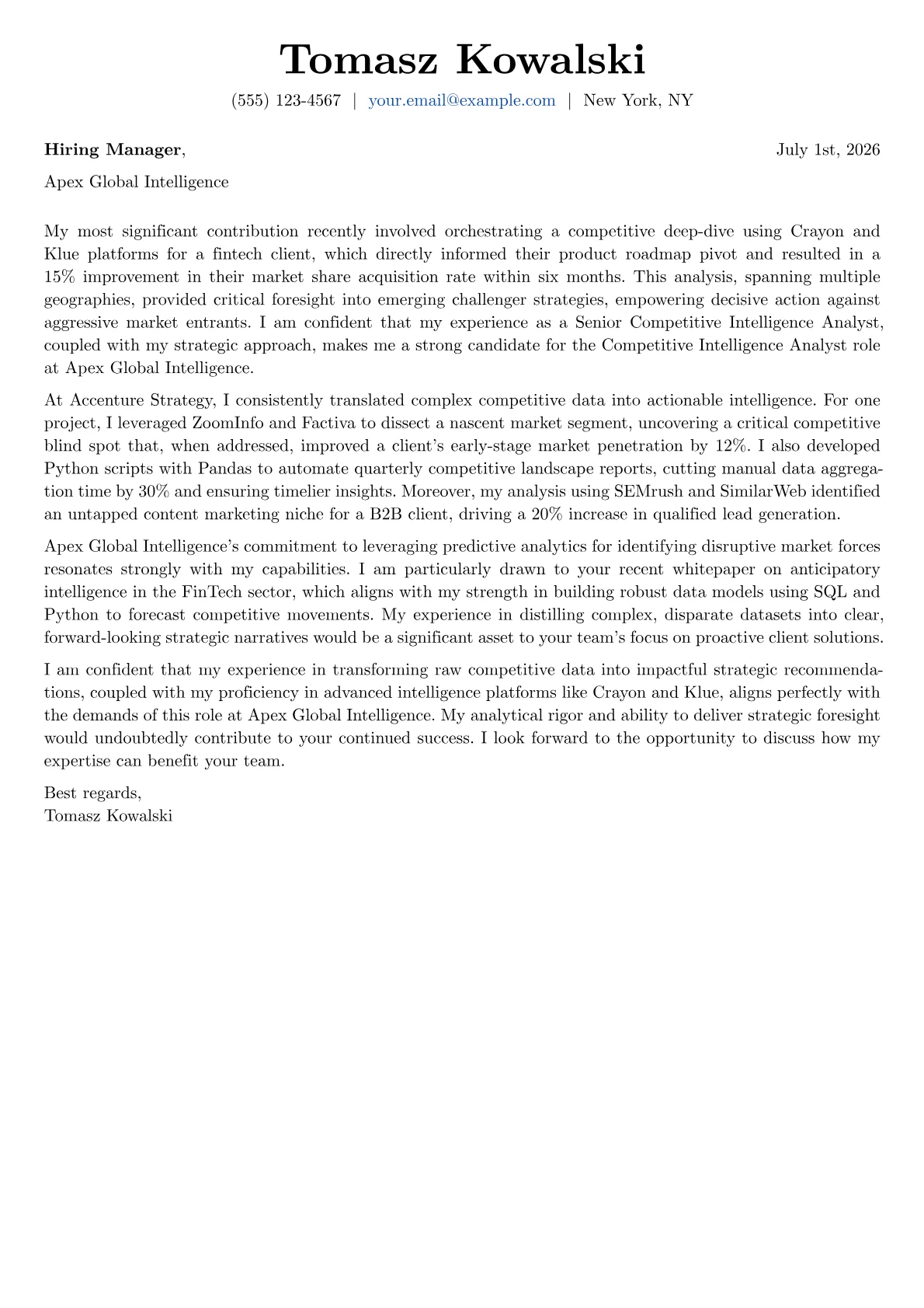 Competitive Intelligence Analyst cover letter formatted with a JobSprout template